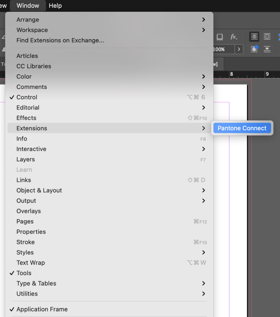 Adobe and Pantone Print Workflow Adobe InDesign window dropdown activates Pantone Connect