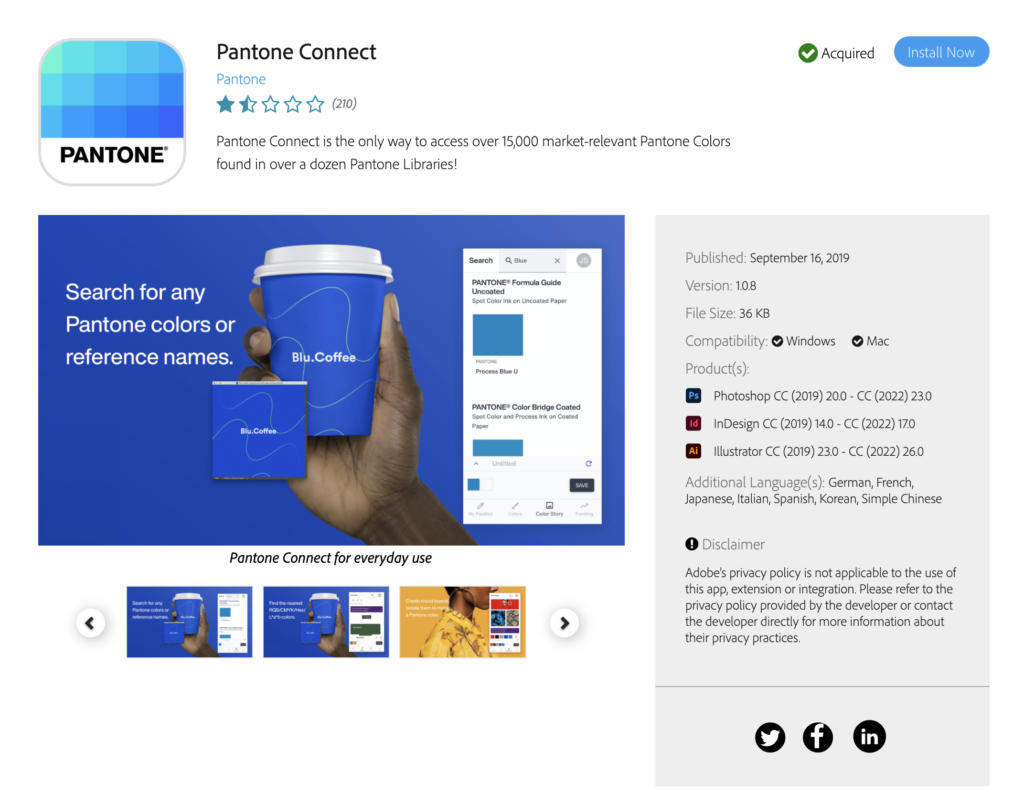 Screengrab from Adobe Exchange. Pantone Connect can be installed through this service.